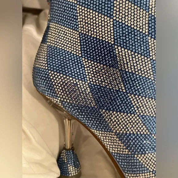 New Gianni Bini Alford Checkered Rhinestone Flared Heel Booties - Picture 9 of 11